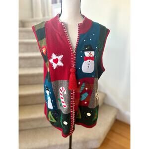 Vintage Patchwork Snowman Candy Cane Red Wool Blend Vest